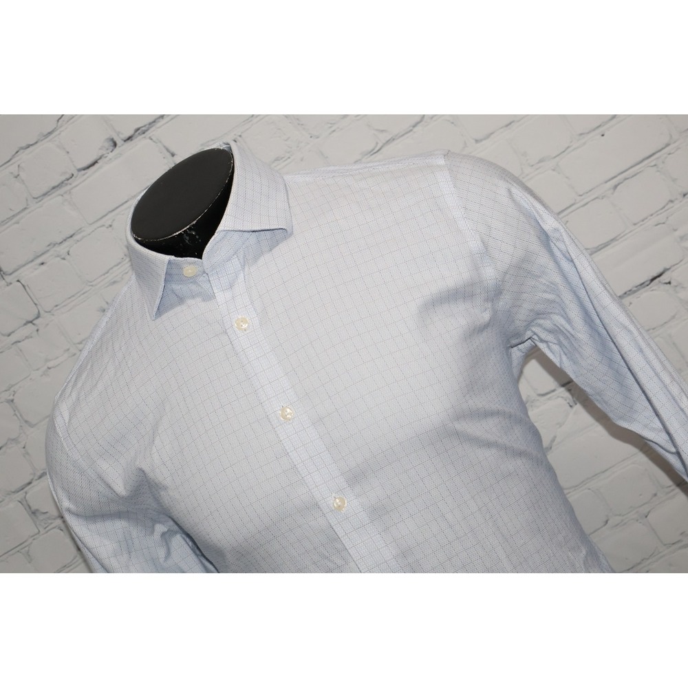 Twillory Dress Shirt Mens Large 16 34/35 Blue Micro Grid Trim Fit Non-Iron